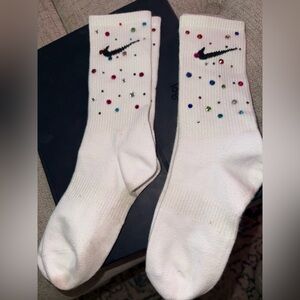 Nike White Crew Socks with Multicolor Gem Embellishments